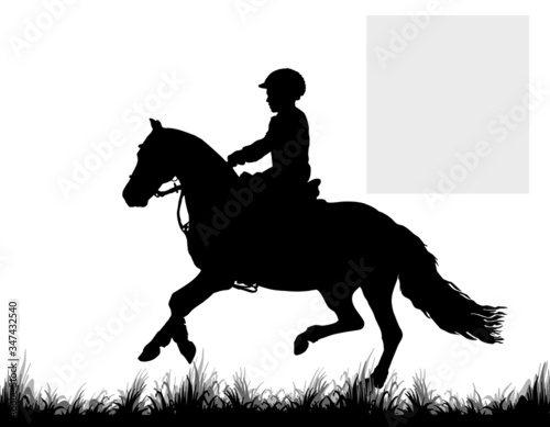  little girl rides a Welsh pony, children's equestrian sport, isolated black silhouette on a white background
