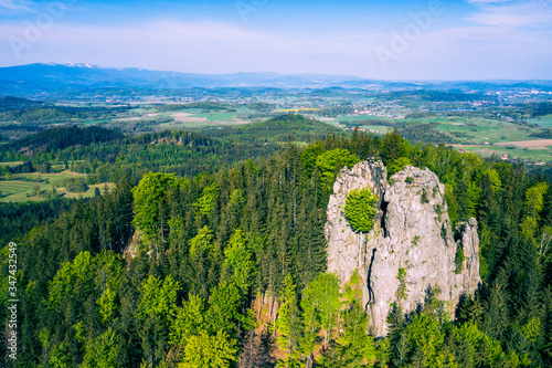 Fototapeta Naklejka Na Ścianę i Meble -  Rudawy Janowickie Landscape Park Aerial View. Rocks Sokoliki, climbing area in mountain range in Sudetes in Poland view with green forests and landscape.