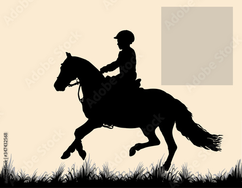  little girl rides a Welsh pony, children's equestrian sport, isolated black silhouette on a pink background