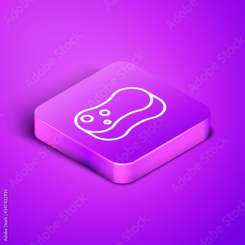 Isometric line Sponge icon isolated on purple background. Wisp of bast for washing dishes. Cleaning service concept. Purple square button. Vector Illustration