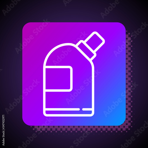 White line Plastic bottles for laundry detergent, bleach, dishwashing liquid or another cleaning agent icon isolated on black background. Square color button. Vector Illustration