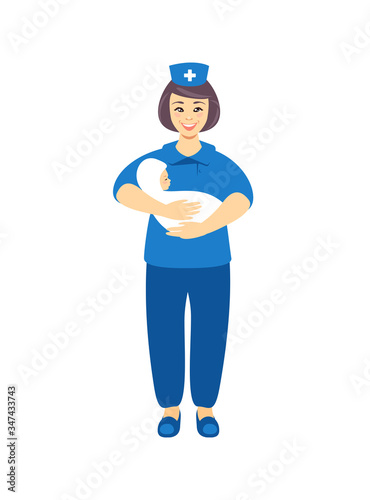 Smiling midwife holding newborn. Vector flat illustration