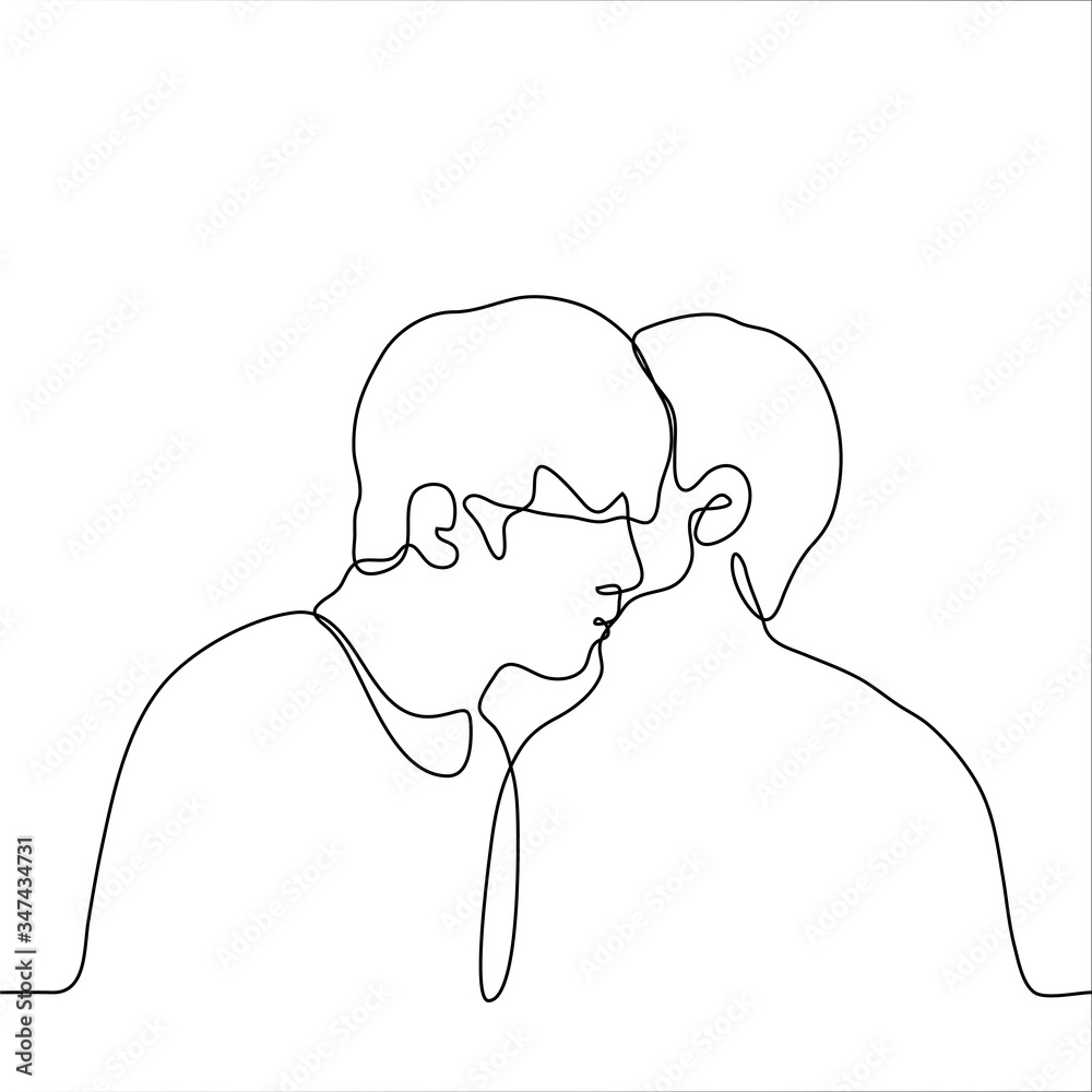 Φωτογραφία One continuous line drawing of two guys one of whom whispers something in the ear of another