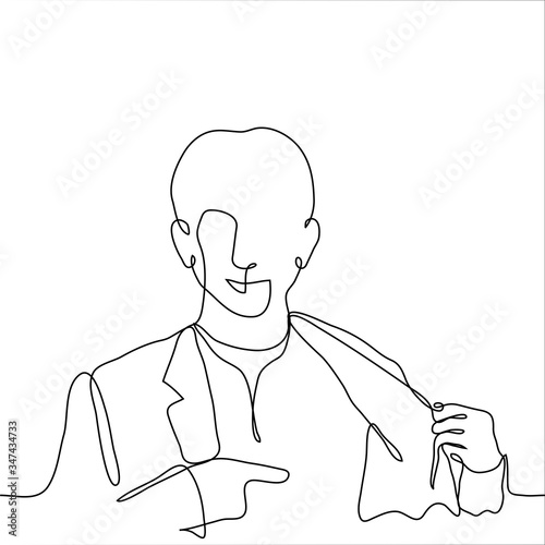 Wallpaper Mural one continuous line of a drawing of a man showing his heart. The guy turned away the collar of his jacket and finger shows where his heart is, he smiles. The concept of an open heart, responsiveness, Torontodigital.ca