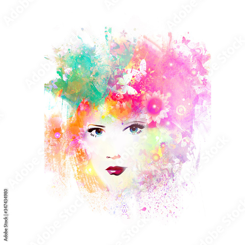 woman face with creative abstract colorful spots elements on white background