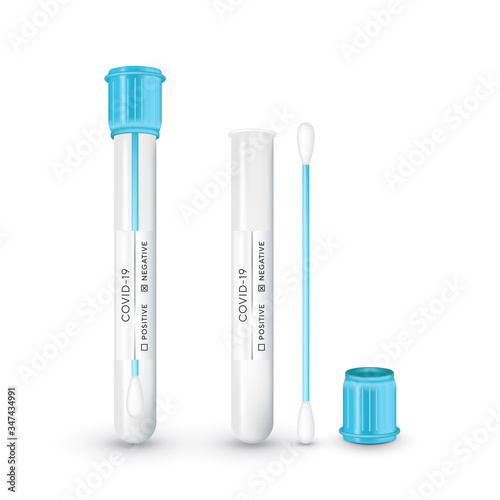 Test tube with cotton swab for nasopharyngeal specimens. Realistic tube for testing in laboratory on coronavirus SARS CoV-2. Nasopharyngeal test for determination Covid-19 NCP. Vector illustration.