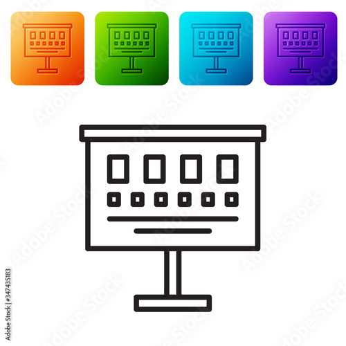 Black line Eye test chart icon isolated on white background. Poster for vision testing in ophthalmic study. Snellen chart. Set icons in color square buttons. Vector Illustration