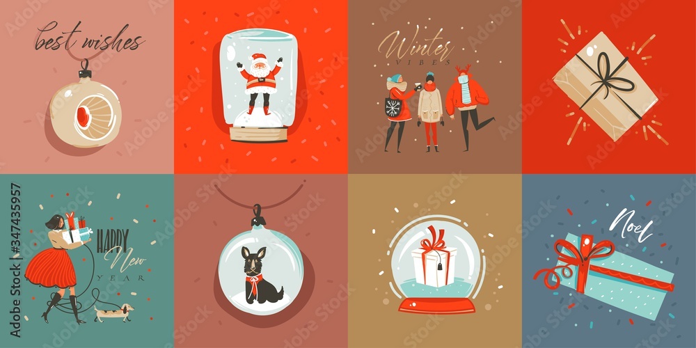 Hand drawn vector abstract fun Merry Christmas time cartoon cards collection set with cute illustrations,surprise gift boxes and handwritten modern calligraphy text isolated on colored background