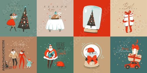 Hand drawn vector abstract fun Merry Christmas time cartoon cards collection set with cute illustrations,surprise gift boxes,dogs and handwritten modern calligraphy text isolated on white background