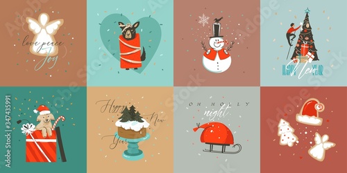 Hand drawn vector abstract fun Merry Christmas time cartoon cards collection set with cute illustrations,surprise gift boxes and handwritten modern calligraphy text isolated on colored background