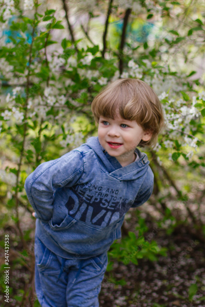 little boy in a flowering garden in spring little boy in a flowering garden in spring