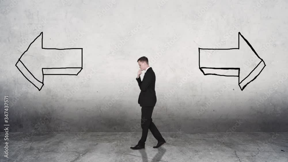 Doubtful businessman choose between two arrows
