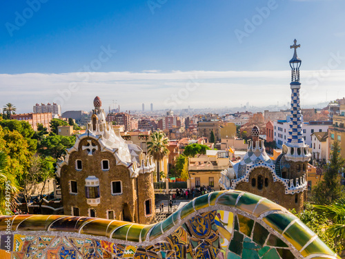 Impressive view of colorful Park Güell architectures designed by Antoni Gaudì, Barcelona, Spain