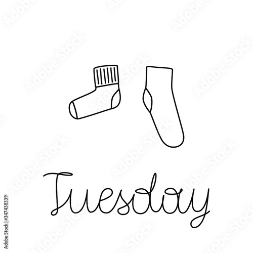 Vector illustration of pair of socks with lettering Tuesday. Weekly socks. Different socks in pair.