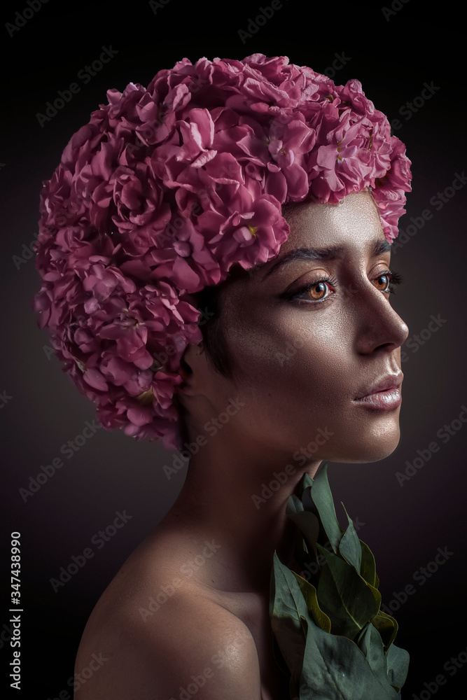 Beautiful woman with flowers head beauty