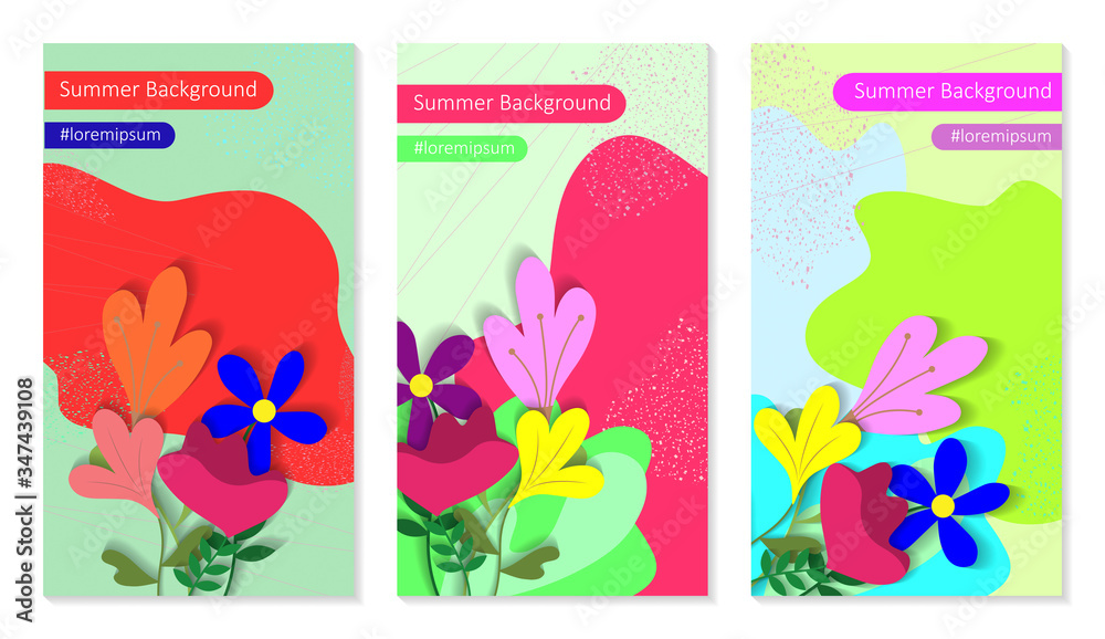 Set of abstract summer backgrounds for social media stories. Colorful banners with summer flowers. Use for event invitation, discount voucher, advertising, screensaver. Vector illustration.