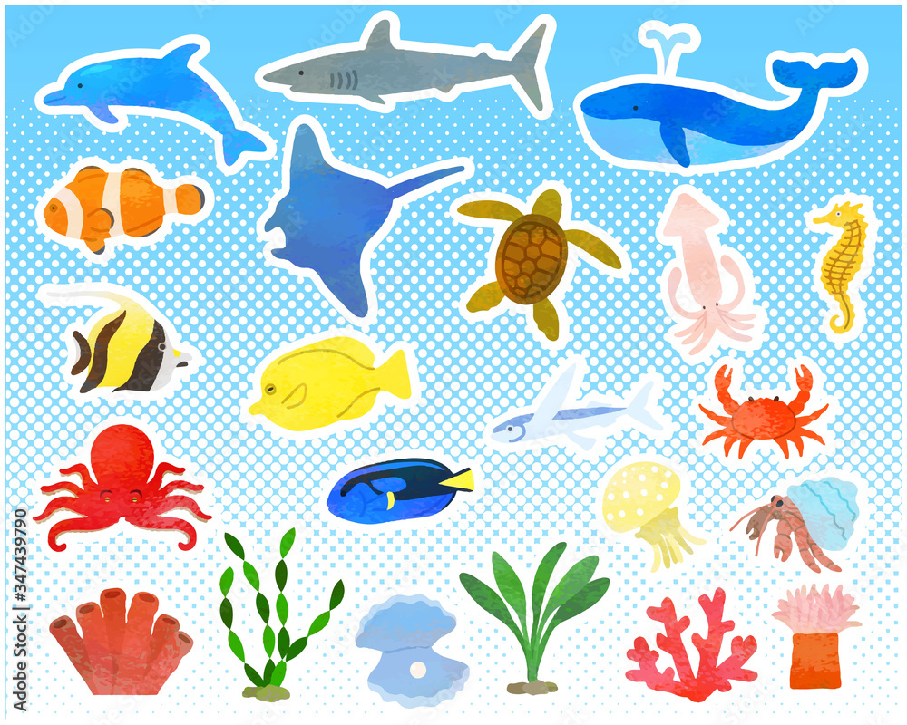 Naklejka premium 様々な海の生き物セット/アナログ風