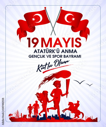 Milli Mucadelenin 101. Yılı, 19 mayıs Ataturk'u Anma, Gençlik ve Spor Bayramı, translation: 19 may Commemoration of Ataturk, Youth and Sports Day, 101th Year National Mucadelen.
