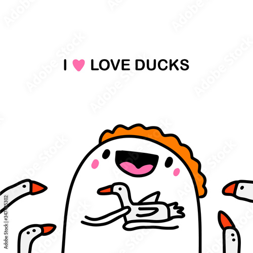 I love ducks hand drawn vector illustration in cartoon comic style man holding animal bird