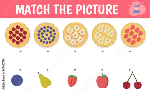 Fruit and berry pie. Connect the pie and the filling. Children's game. Vector.
