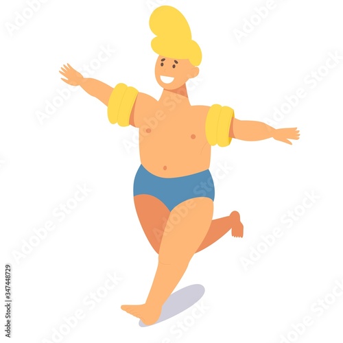Running baby boy in inflatable kids swim arm floats or bands isometric.