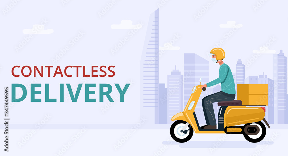 Contactless Delivery. Delivery man wearing face mask riding scooter with Contactless Delivery. Delivery man wearing face mask riding scooter with
