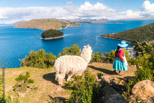 Girl and Llama Alpaca with Island on Isla del Sol in Bolivia background. Scenic panoramic view of island, sea horizon. Bolivian island paradiseand hills. Tourist walking trail. Tourism. Titicaca lake photo