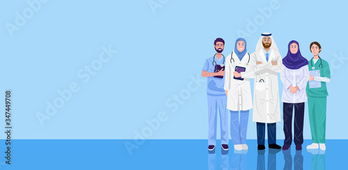 Illustration of Middle-Eastern doctors and nurses. Vector
