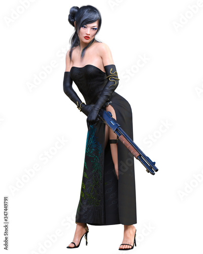 3D japanese warrior amazon woman render.