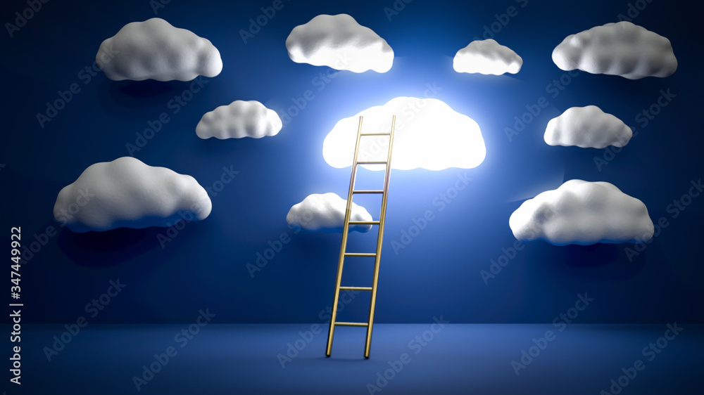 Golden ladder leading to glowing cloud over blue background. Concept of inspiration, leadership and business achievement. 3D illustration. Golden ladder leading to glowing cloud over blue background. Concept of inspiration, leadership and business achievement. 3D illustration.