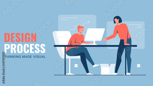Vector concept illustration of two women in the office discussing project at the computer at the table. It represents a concept of teamwork, design thinking process and creative cooperation