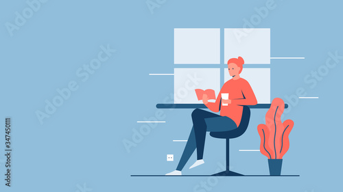 Vector concept illustration of a beautiful girl reading a book in a chair next to a window. It represents a concept of reading, resting in a cozy atmosphere and staying at home