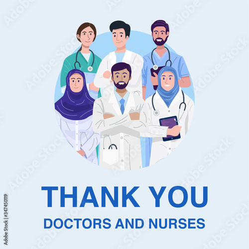 Thank you frontliners, Illustration of Muslim doctors and nurses banner. Vector