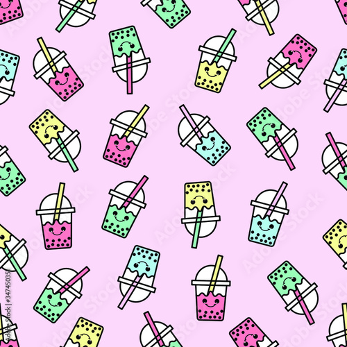 seamless pattern with bubble milk tea on pink background. vector, illustration