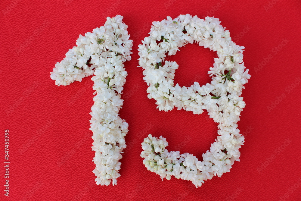 The number 19 is written in white lilac flowers on a red background. The number nineteen is written in fresh flowers, isolated on red. Arabic numeral lined with flowers.