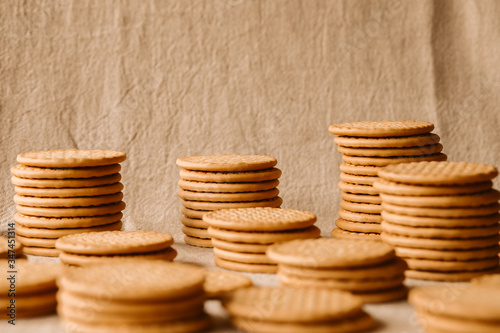 Stack of cereal biscuits as background. Homemade wheat biscuits. 	