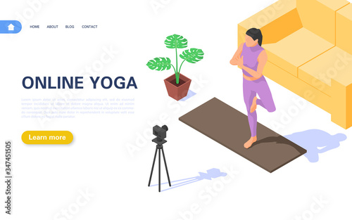 Online Yoga Concept. A girl in the vrikshassana pose is broadcasting yoga classes in her apartment.