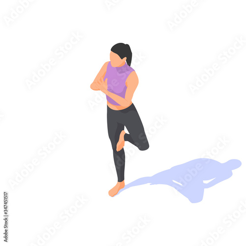 Girl doing yoga in vrikshasana pose on a white background.