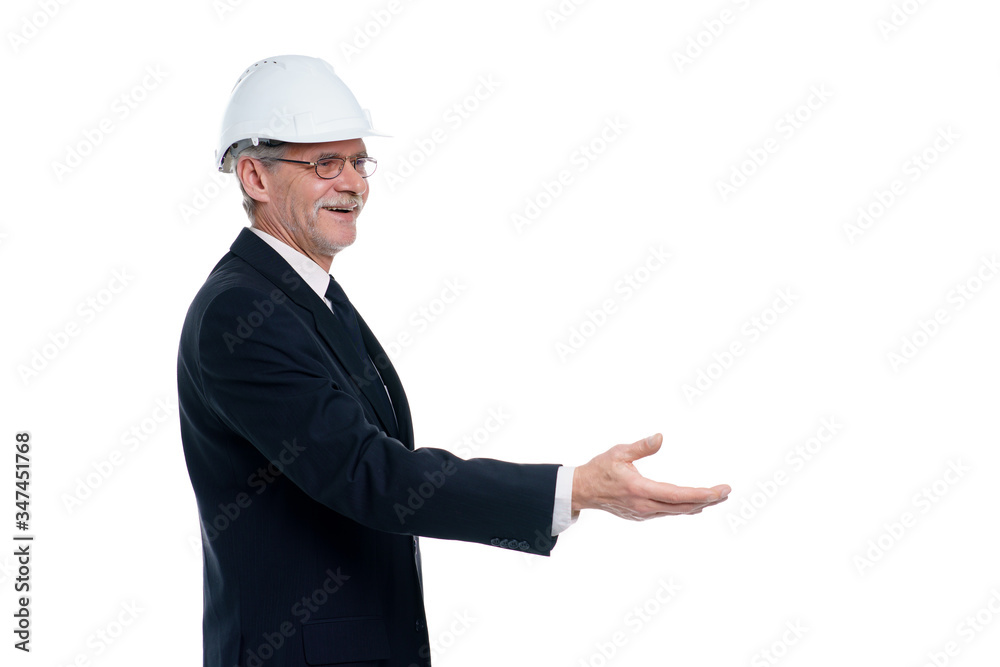 Portrait of business man, civil engineer and architect wear a white safety helmet give hand with copy space in white background Portrait of business man, civil engineer and architect wear a white safety helmet give hand with copy space in white background