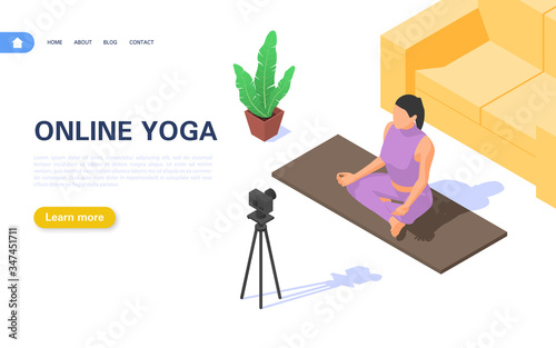 Online Yoga Concept. The girl is broadcasting yoga classes in her apartment.