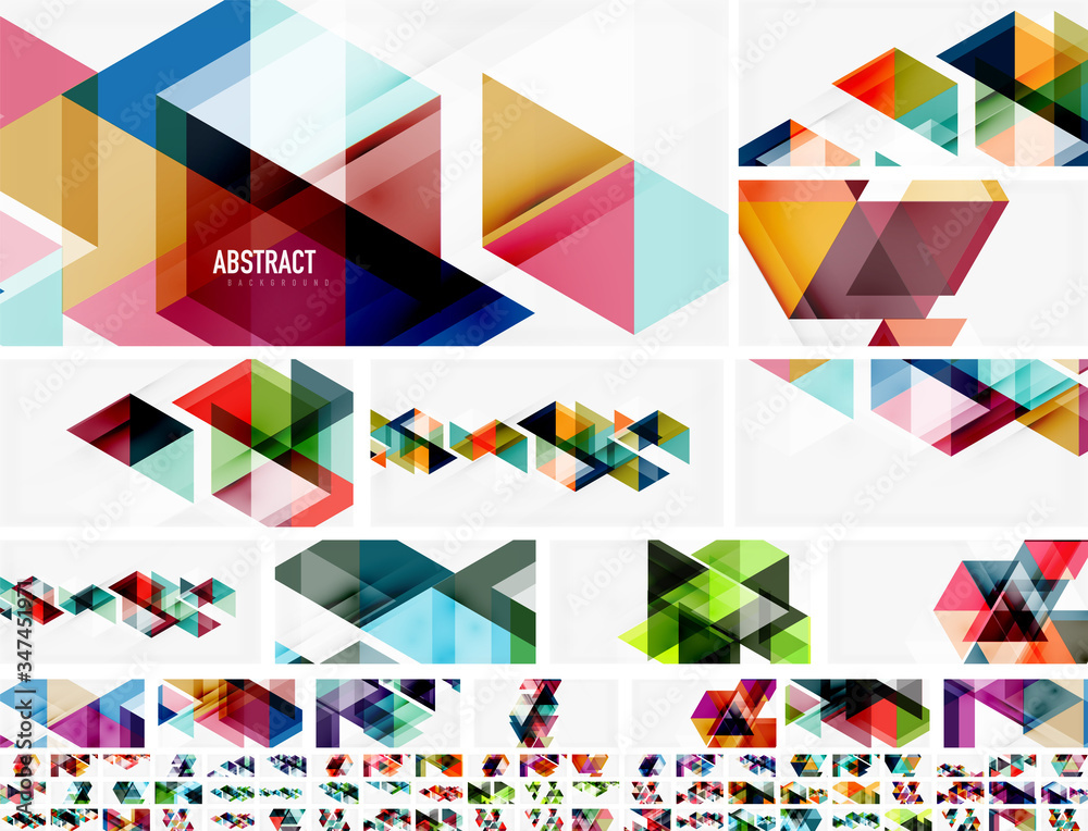 Mega set of geometric abstract backgrounds, mosaic triangle and hexagon shapes. Trendy abstract layout templates for business or technology presentation, internet poster