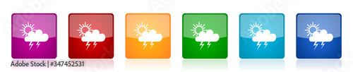 Storm icon set, colorful square glossy vector illustrations in 6 options for web design and mobile applications
