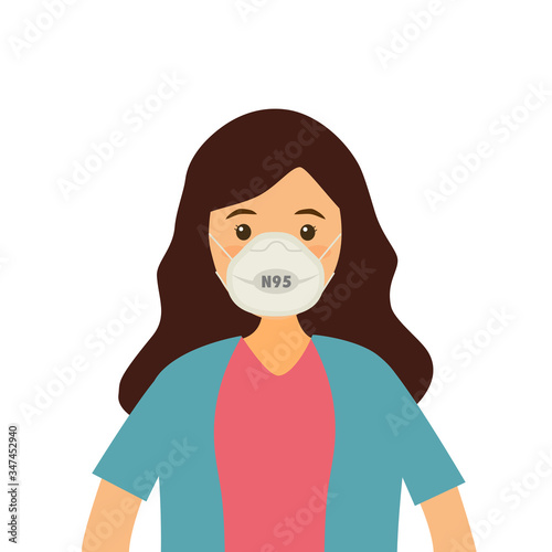 A woman wearing N95 medical mask to prevent pm2.5 dust, virus, bacteria and germs. Prevent pollution and disease mask. Healthcare concept vector illustration on white background.