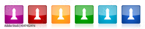 Chess icon set, colorful square glossy vector illustrations in 6 options for web design and mobile applications