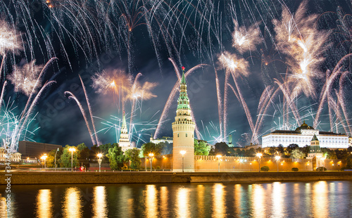 Moscow Kremlin and fireworks in honor of Victory Day celebration (WWII), Red Square, Moscow, Russia-- the most popular view of Moscow