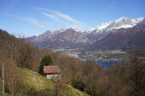 Winter landscape near Asso, italy with view of Como lake