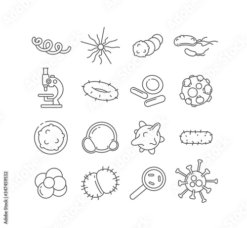 Bacteria thin line vector icons set. Pathogen linear illustrations. Microbiological research. Microorganisms of various shapes under microscope. Bacterial cells isolated outline pack