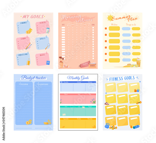 My goals creative planner page set design. Kid summer holiday wish. Cute monthly spread with doodles. Children bullet journal color sheet. Printable diary layout. Notebook vector template