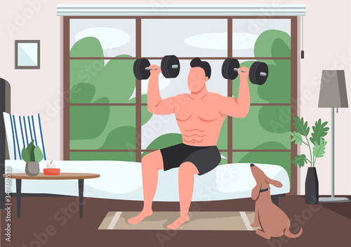 Domestic exercise flat color vector illustration. Bodybuilder lifting dumbbells 2D cartoon character with bedroom on background. Weightlifting, physical training. Workout at home, morning exercise