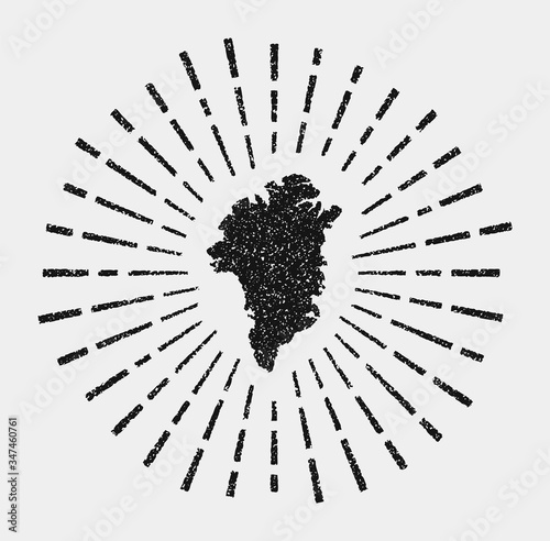 Vintage map of Greenland. Grunge sunburst around the country. Black Greenland shape with sun rays on white background. Vector illustration.